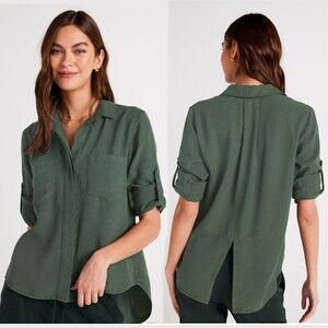 Bella Dahl Shirt Womens S Green Split Back Button Tencel Roll Up Sleeve Utility